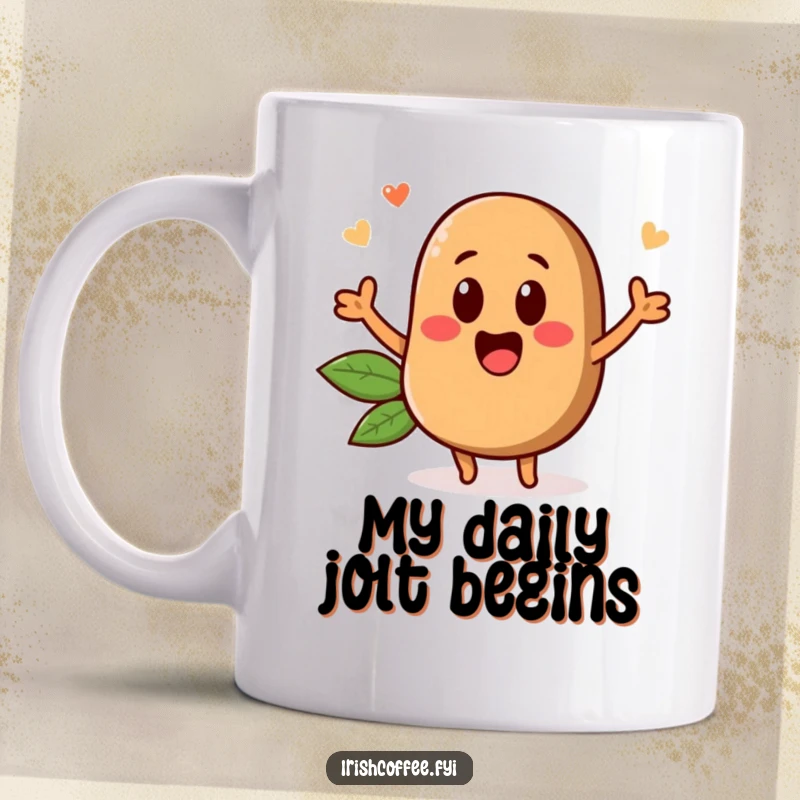 Funny coffee mug with a cheerful coffee bean character popping up energetically, symbolizing morning joy and coffee addiction.