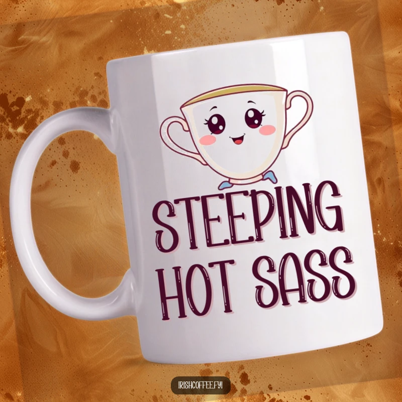 Funny coffee mug showcasing a cheerful teacup with invitingly saucy eyes, elegantly performing a playful pirouette with a humorous, flirty vibe.