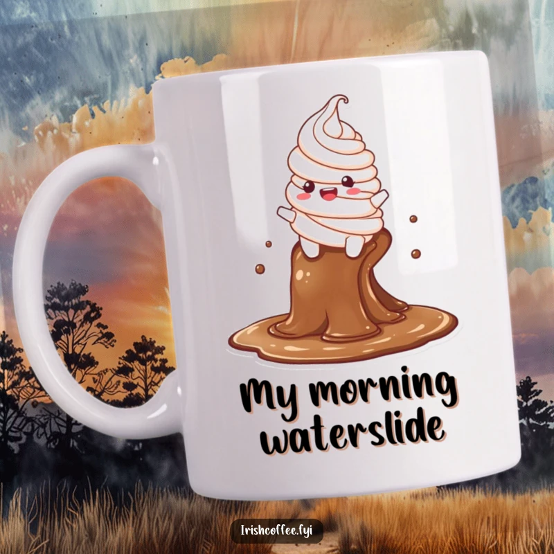 Funny mug featuring a delighted whipped cream character joyfully sliding down a stream of rich coffee, capturing pure morning bliss.
