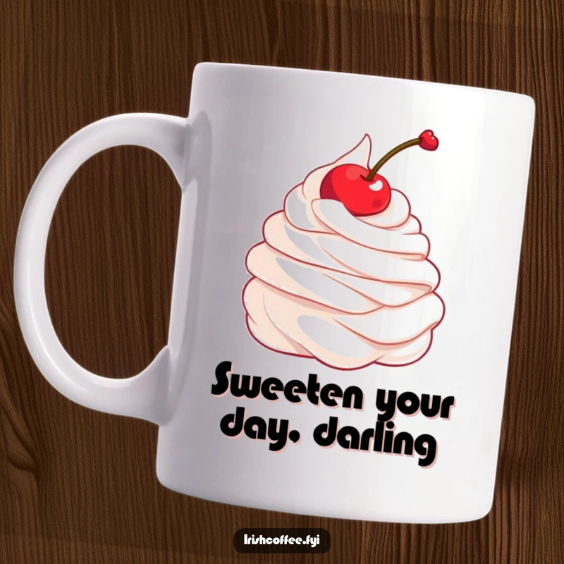 Funny mug illustration of a happy whipped cream dollop with a cherry elegantly twirling, conveying delight and fun.
