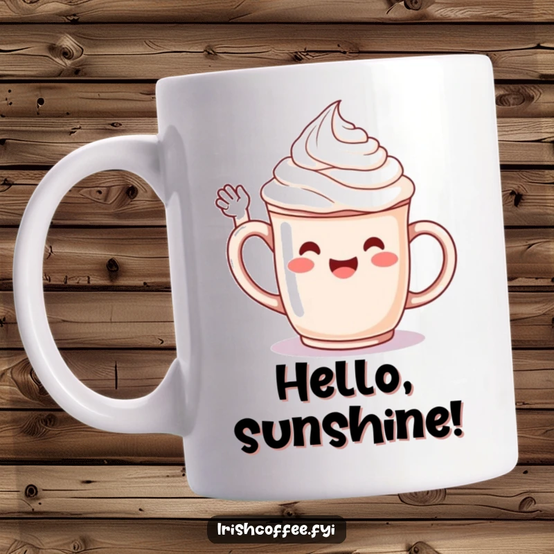 Funny mug with a jubilant whipped cream character cheerfully waving hello with a big smile, perfect for gifting.