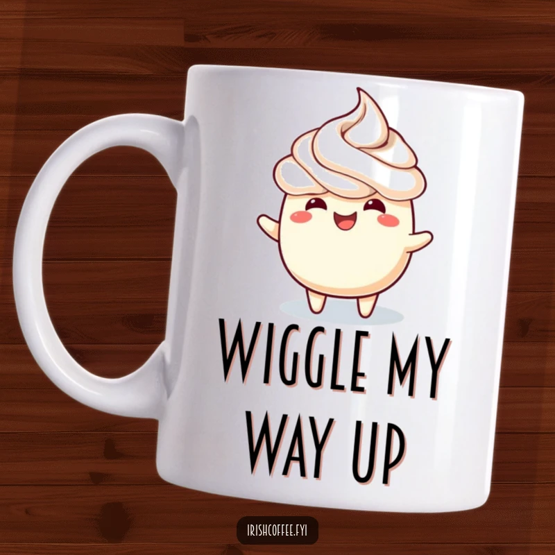 Funny mug with a cheerful frothy topping doing a joyful wiggle, expressing pure happiness and delight.