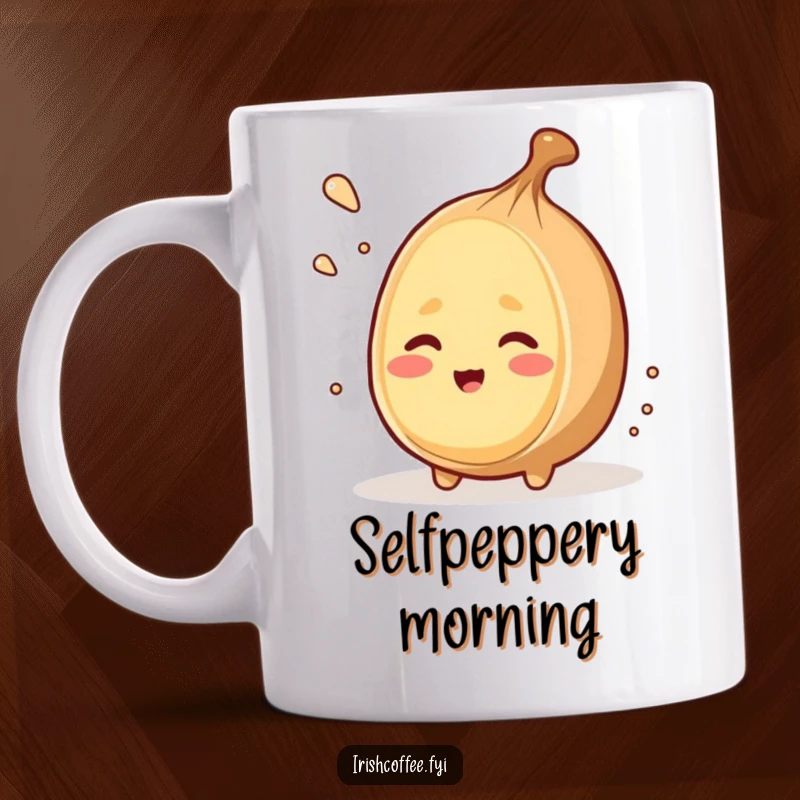 Funny mug showcasing a winking nutmeg character grating itself, perfect for a humorous and witty gift.