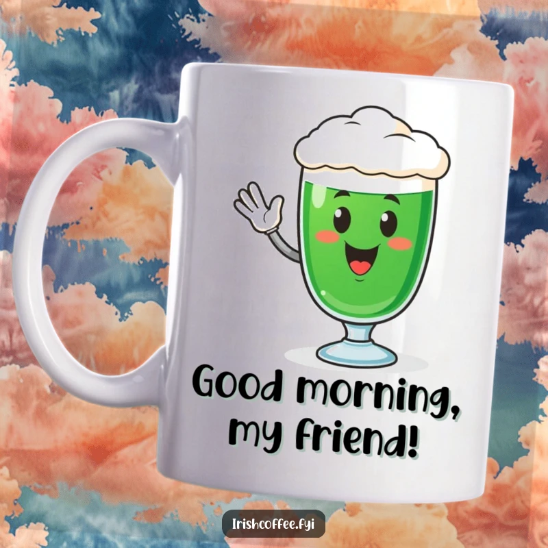 Funny Irish coffee glass mug with a cheerful character happily waving, perfect for a morning pick-me-up or a delightful gift.