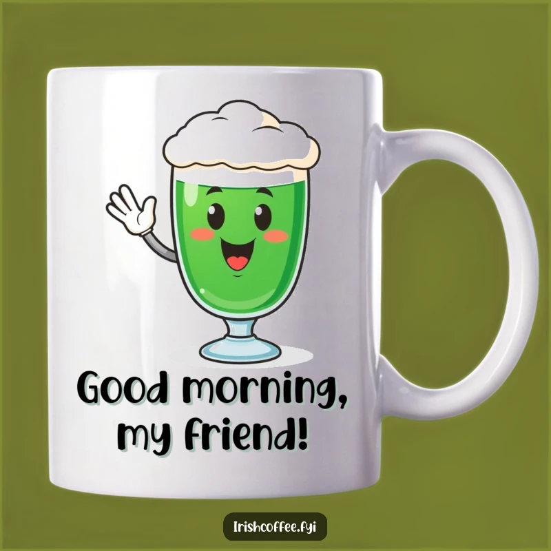 Funny Irish Coffee Glass Mug - Cheerful Waving Character, Perfect Unique Gift