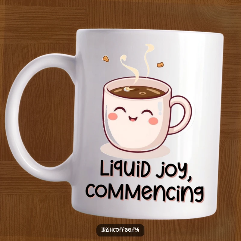 Funny coffee mug with a handle, giggling with joy as it's filled with hot coffee, showcasing a delightful and humorous design.