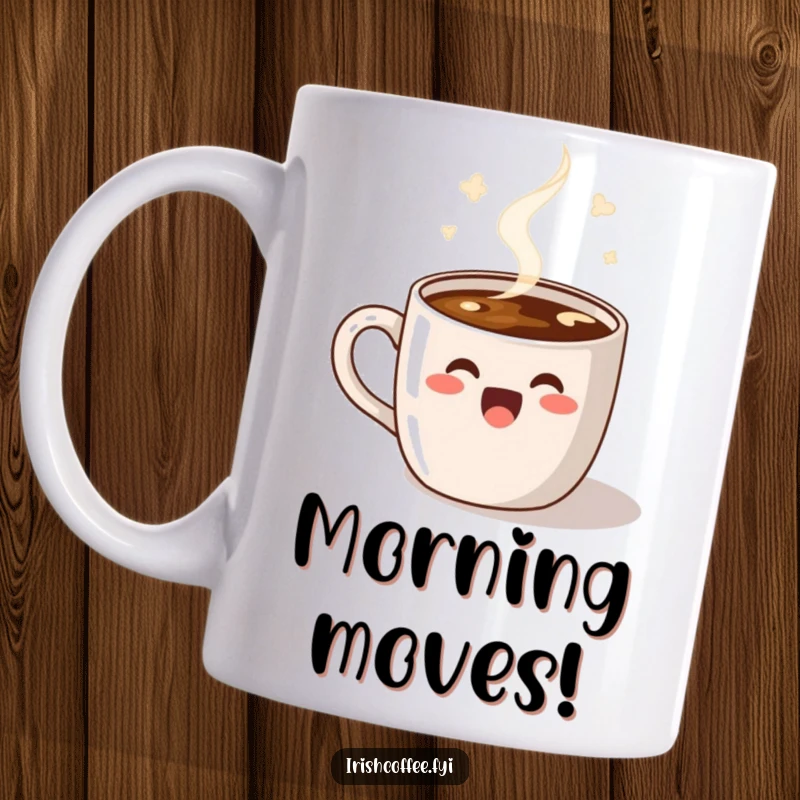 Funny Mug depicting a delighted coffee mug with cheerful steam performing a happy dance, celebrating the joy of coffee.