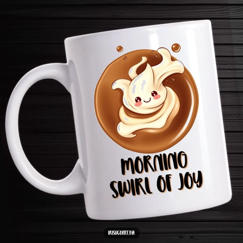 Funny coffee mug depicting a smiling splash of cream elegantly twirling within a rich, dark coffee, exuding suave charm.
