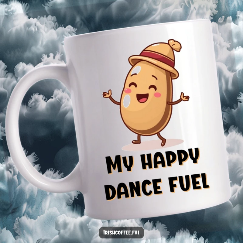 Funny coffee mug featuring a delighted coffee bean wearing a tiny hat, enthusiastically doing a lively jig with a humorous expression.