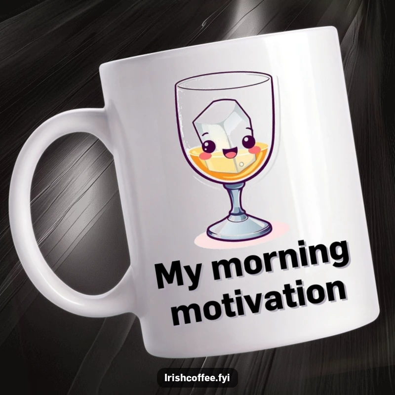 Funny whiskey glass with ice cube skiing downhill on a mug, conveying a hilarious and spirited moment.