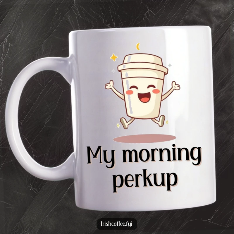 Funny coffee mug showcasing a beaming coffee cup character mid-joyful jump, expressing pure energetic happiness.