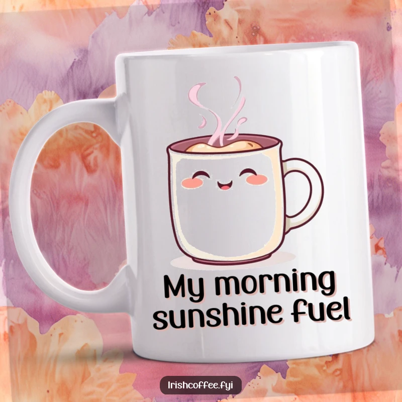 Funny mug character with rosy blush, steaming happily, a delightful and cheerful coffee cup design, perfect for a warm gift.