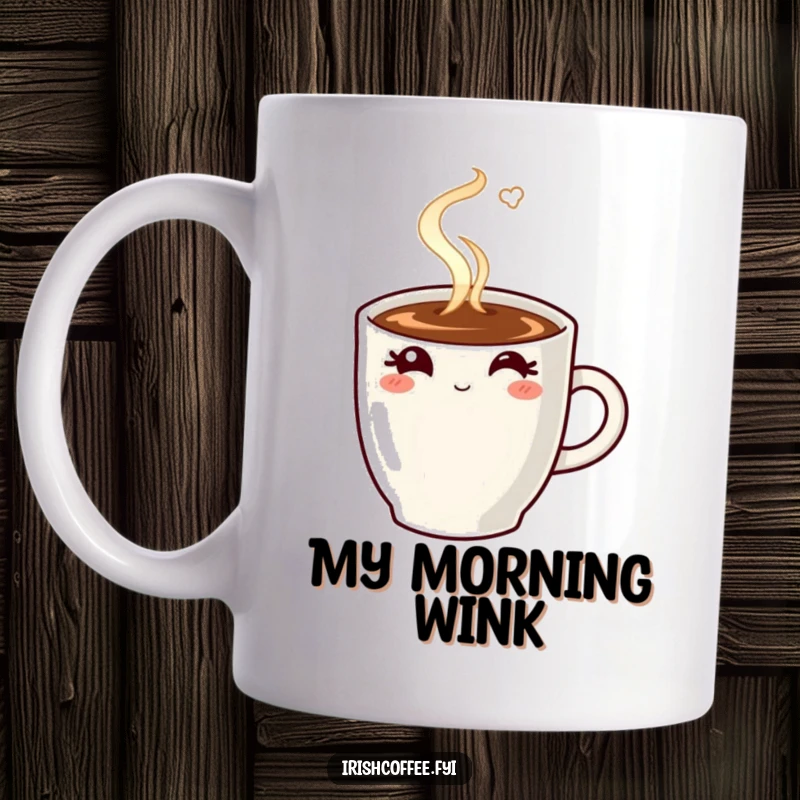 Funny coffee mug that is steaming and winking playfully, a perfect gift for caffeine addicts.