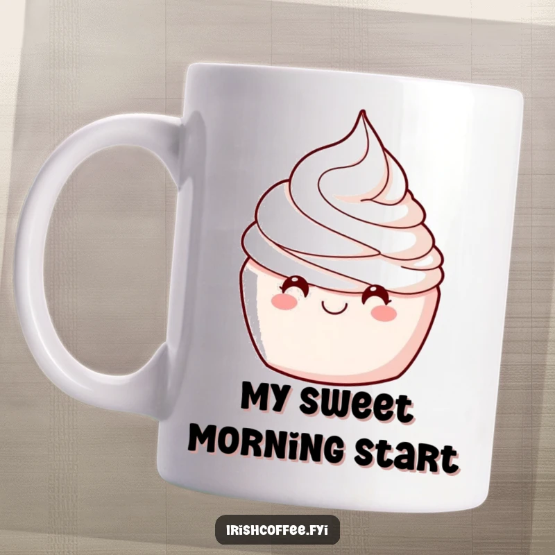 Funny coffee mug featuring a delighted whipped cream swirl winking playfully, perfect for a morning chuckle.