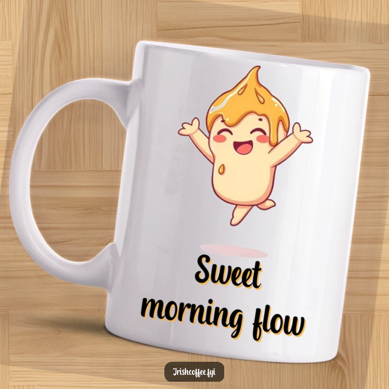 Funny caramel drizzle mug showing a happy drizzle mid-leap, ideal for dessert lovers and sweet enthusiasts.