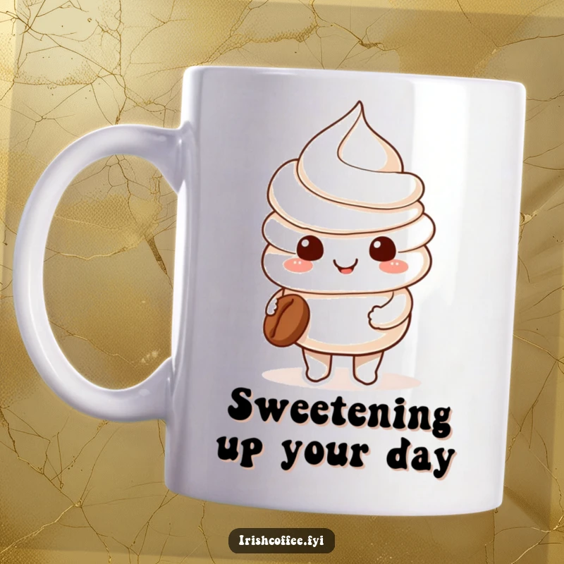 Funny smiling whipped cream character holding a tiny coffee bean on a mug, representing a sweet coffee moment.
