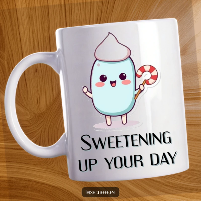 Funny coffee mug with a playful stir stick character offering a miniature candy cane, symbolizing sweetness and fun.