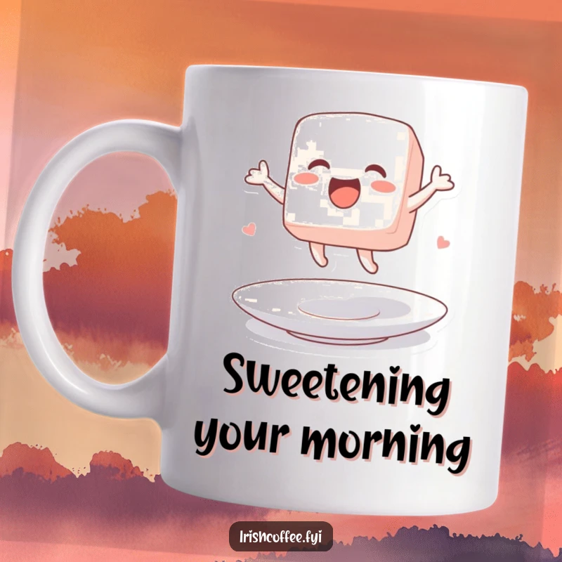 Funny sugar cube character mug excitedly jumping on a saucer, a cheerful and sweet design.