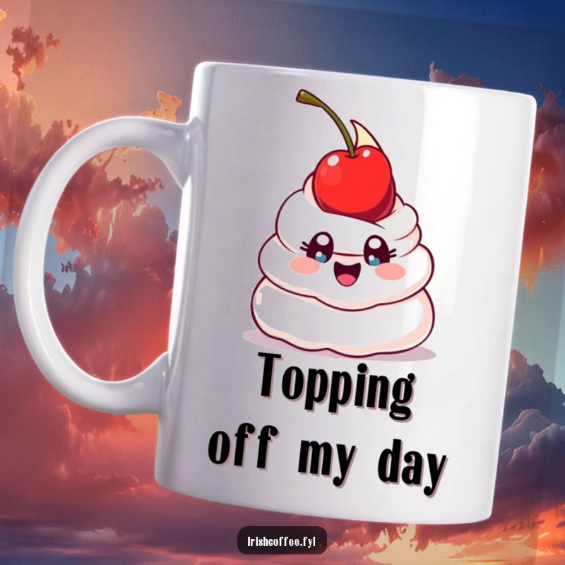 Funny coffee mug featuring a happy whipped cream dollop with wide, expressive eyes, humorously attempting to balance a cherry on top.