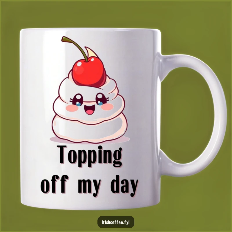 Funny Whipped Cream Balance Mug: Wide-Eyed Dollop Trying to Balance a Cherry, Sweet Funny Gift