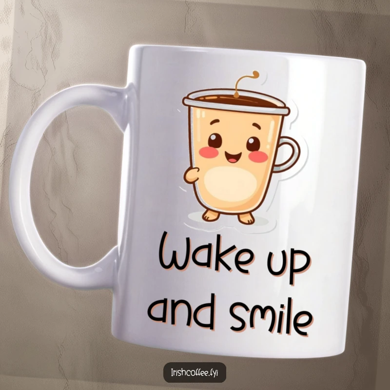 Funny, happy coffee cup character with steaming coffee, offering a warm and inviting smile, ceramic mug.