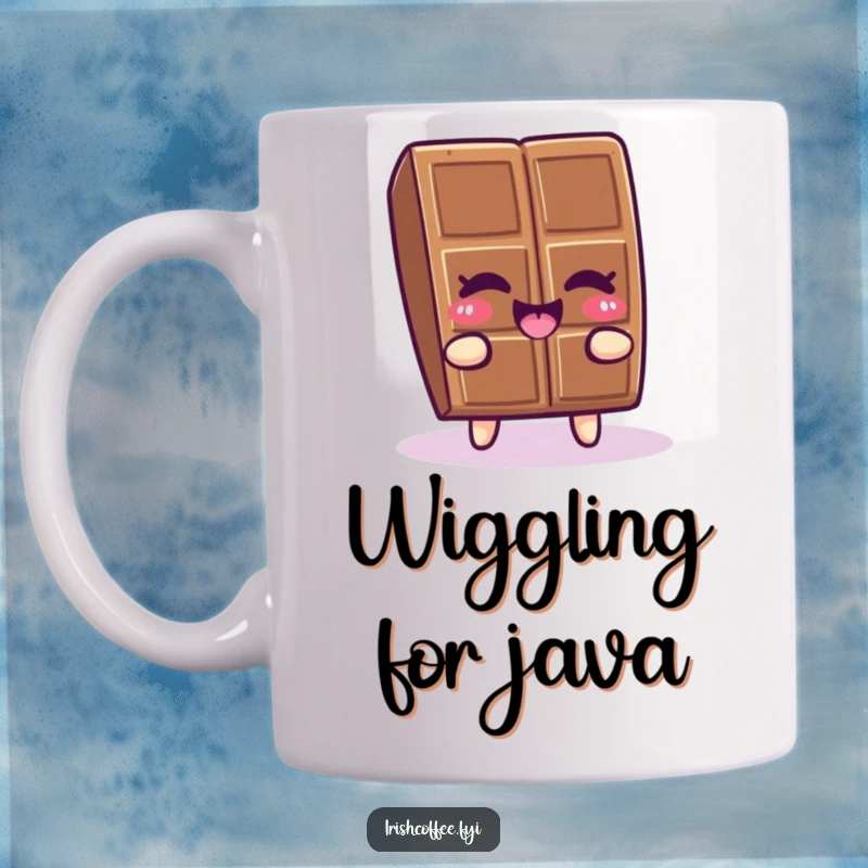 Funny piece of chocolate winking and doing a happy wiggle on a mug, full of mischievous joy and delight.