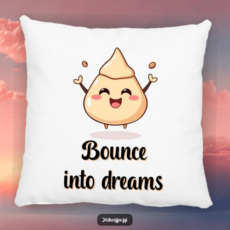 Funny pillow with a happy coffee liquor dollop joyfully bouncing, soft and full of cheer.
