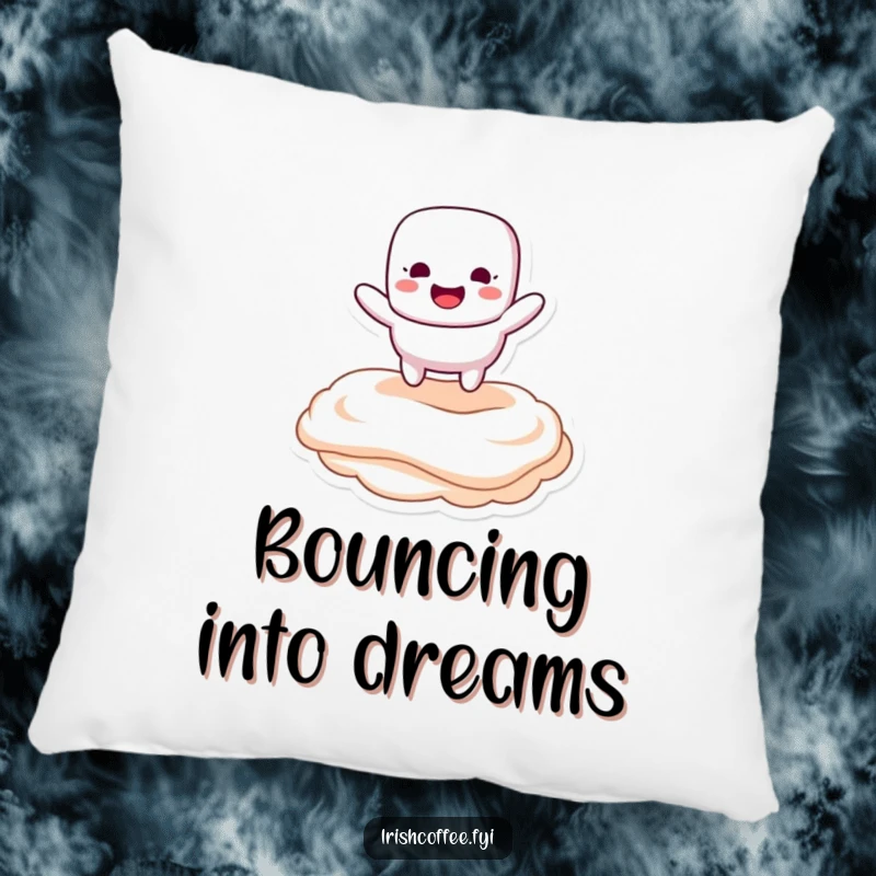 Funny pillow featuring a happy marshmallow character bouncing on creamy topping, bringing sweet humor and comfort to any space.