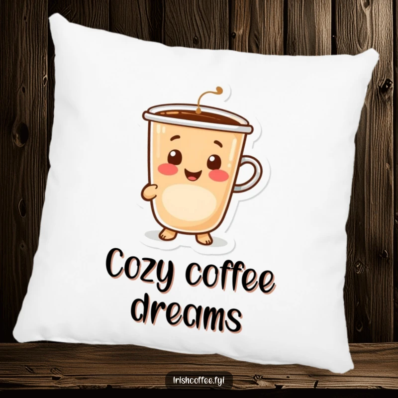 Funny happy coffee cup character with a gentle, inviting smile, plush pillow for comfort.