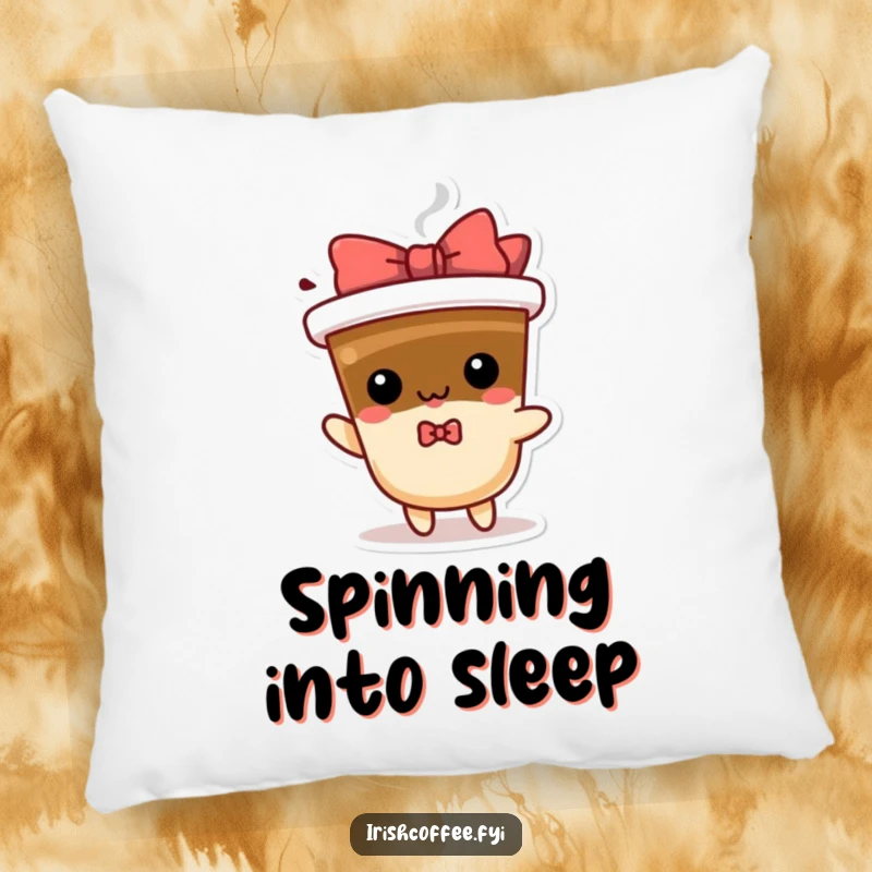 Funny spinning coffee pillow with a playful character and bow, providing comfort and a humorous caffeine-themed accent.