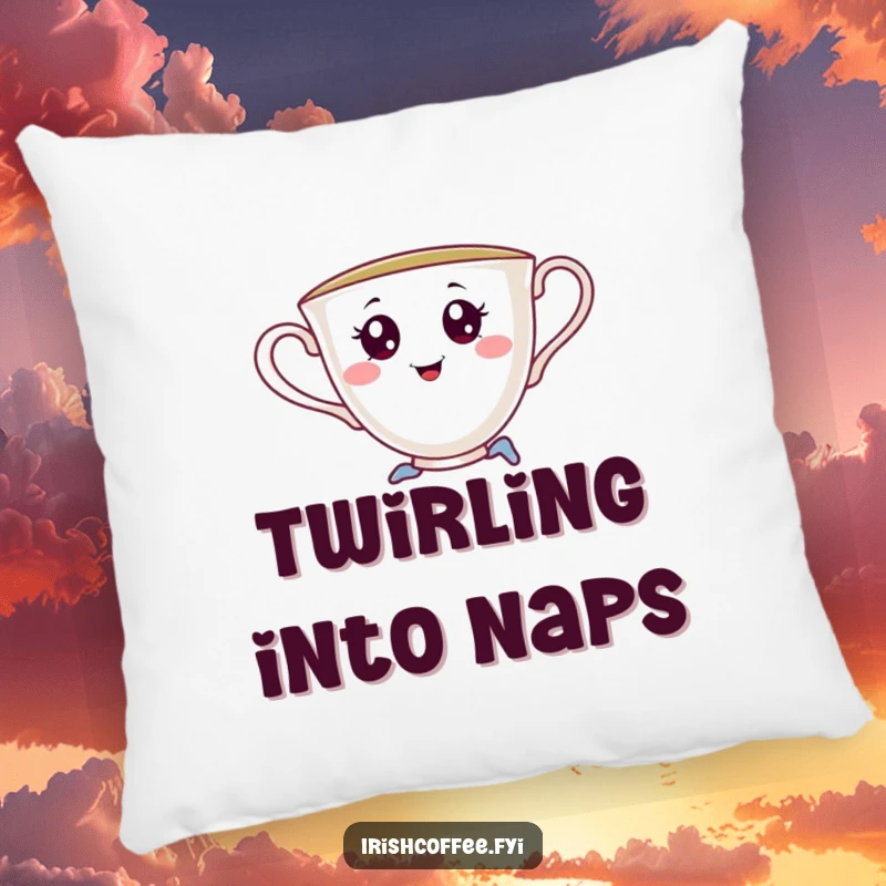 Funny pillow featuring a cheerful teacup with saucy eyes, captured in a playful pirouette, soft and inviting with humorous flair.