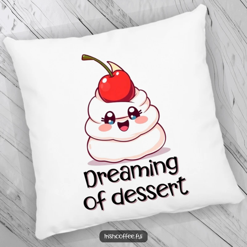 Funny pillow featuring a happy whipped cream dollop with wide eyes, captured in a humorous balancing act with a cherry, soft and inviting.