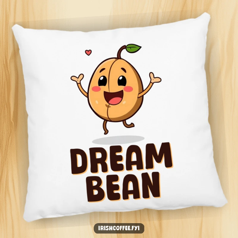 Funny Pillow featuring a joyful coffee bean with a huge grin doing a lively jig, adding comfort and happy energy.
