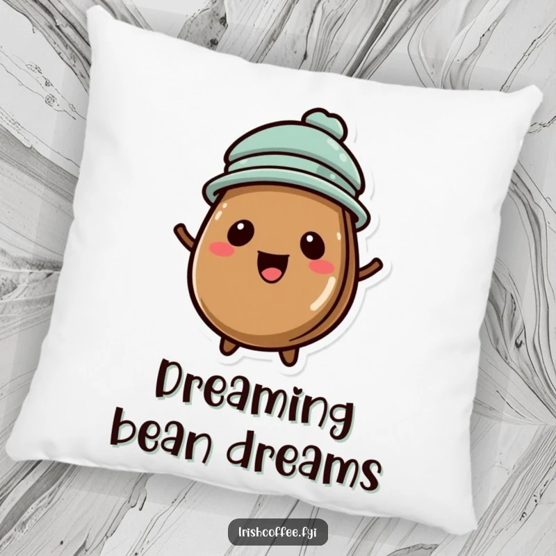 Funny pillow with a happy coffee bean wearing a tiny hat, soft and full of delight.