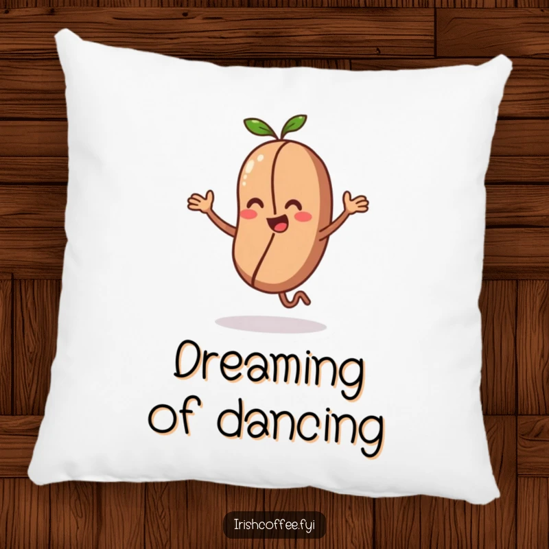 Funny pillow with a cute coffee bean character doing an energetic dance, bringing comfort and lively humor.