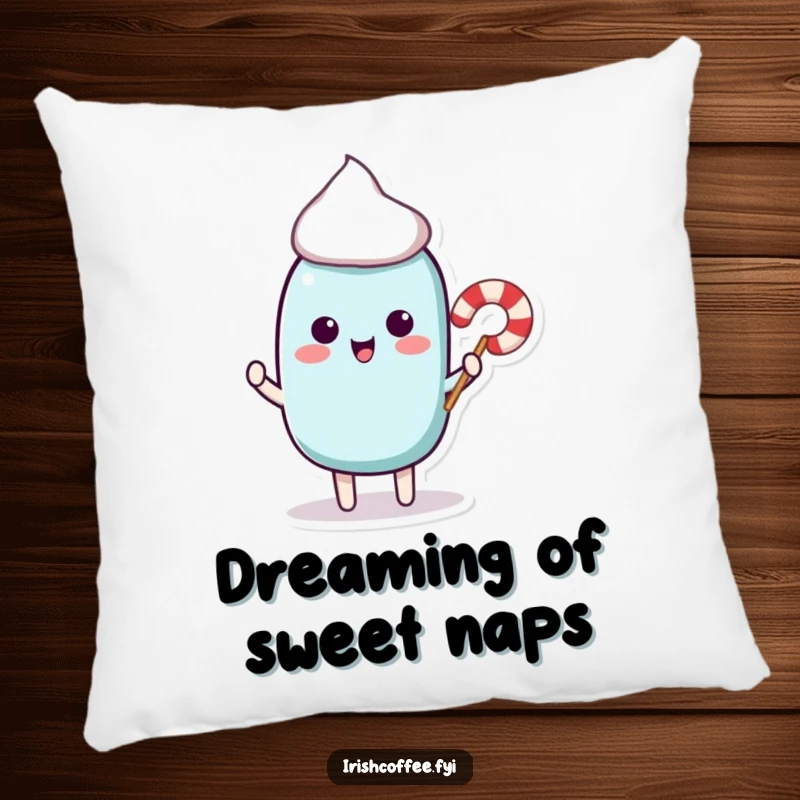 Funny decorative pillow with a playful stir stick character offering a miniature candy cane, perfect for adding humor and sweetness.