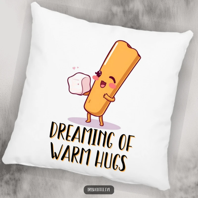 Funny pillow design of a happy cinnamon stick winking and balancing a sugar cube, providing spiced comfort and humor.