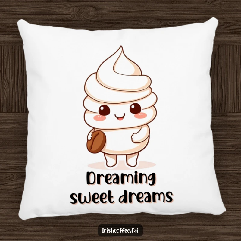 Funny smiling whipped cream character holding a tiny coffee bean on a soft pillow, providing comfort with a sweet and cheerful touch.