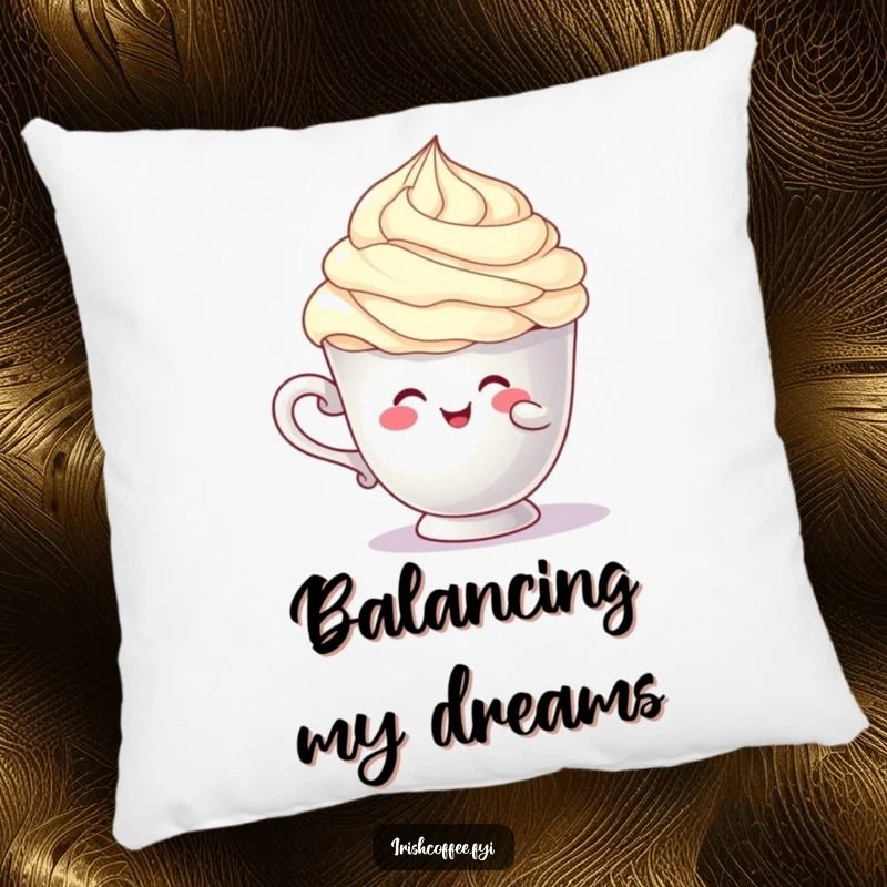 Funny cup character pillow comically balancing a cream swirl, offering comfort and humorous relatability, perfect funny gift.