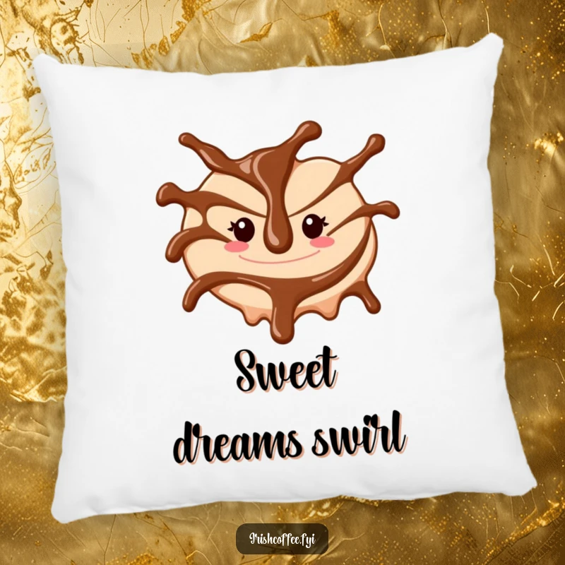 Funny pillow with a cheerful chocolate sauce drizzle swirling, offering comfort and cute dessert-themed humor.