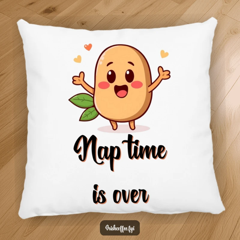 Funny throw pillow with a cute coffee bean character popping up enthusiastically, bringing comfort and humor to any seating area.