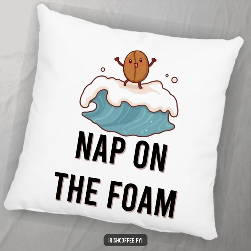 Funny coffee bean pillow with a dancing bean on a frothy wave, a soft and humorous decorative accent.