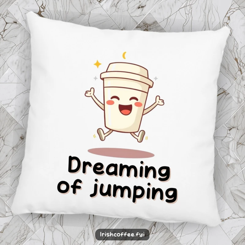 Funny throw pillow with a beaming coffee cup character in a joyful jump, offering comfort and energetic humor.