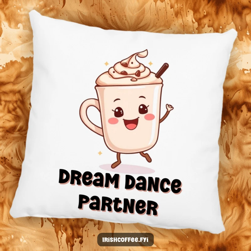 Funny pillow with a happy hot chocolate mug dancing, soft and full of cozy cheer.