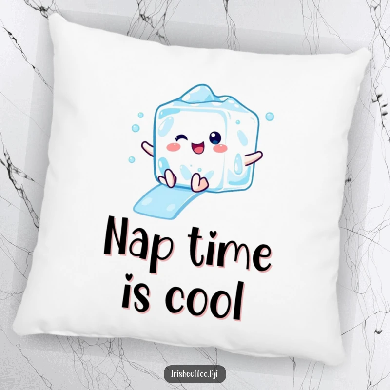 Funny pillow designed with a delighted ice cube character mid-slide, offering cool comfort and a humorous touch.