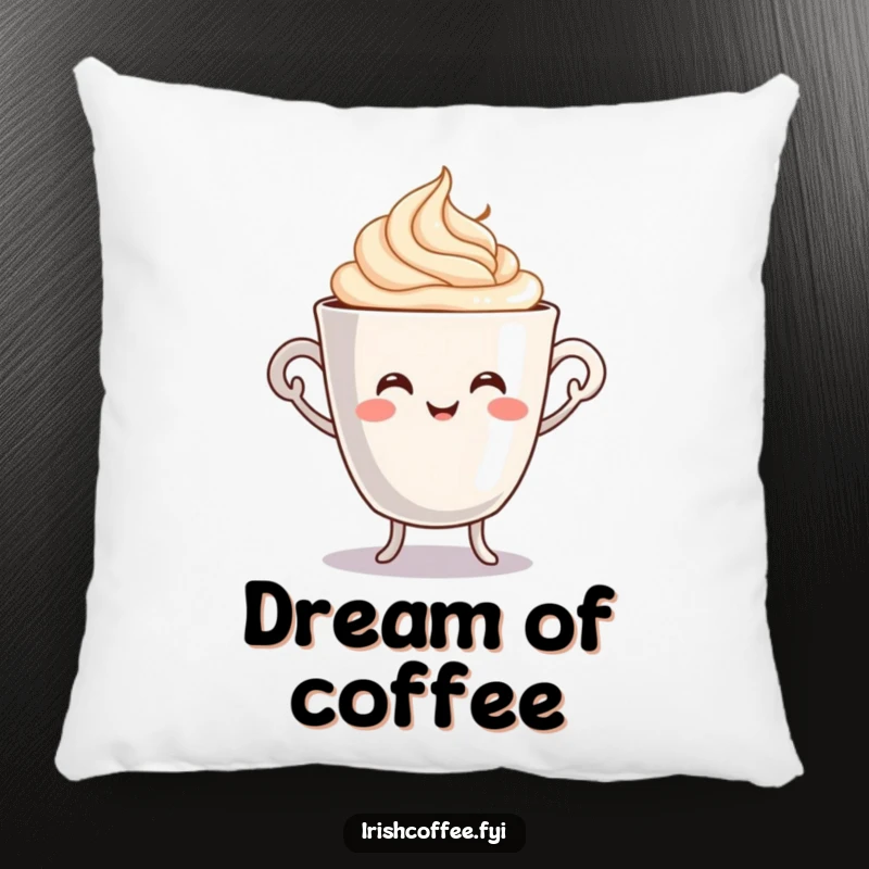 Funny pillow with a cheerful coffee cup character doing a happy jig with swirling cream, perfect for adding cozy, caffeinated charm.