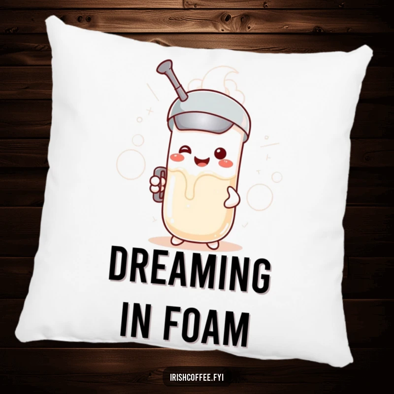 Funny pillow with a smiling milk frother character creating frothy clouds, a soft and humorous decorative item.