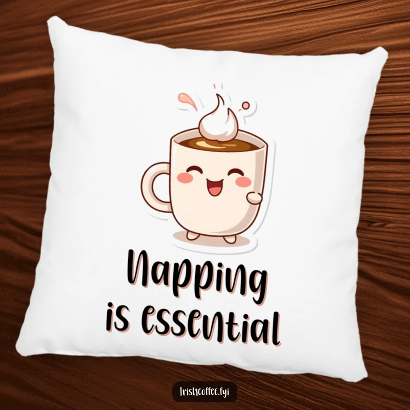 Funny cheerful coffee mug character delightedly sipping coffee, plush pillow for comfort.