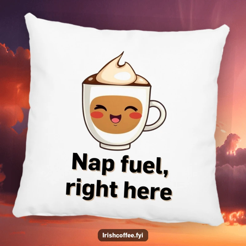 Funny pillow featuring a sweet, smiling coffee cup character winking, adding a touch of quirky humor to any cozy space.
