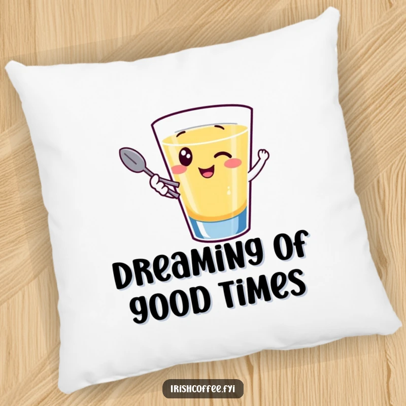 Funny pillow design of a happy shot glass character giggling and winking while holding a tiny spoon, providing party comfort and humor.